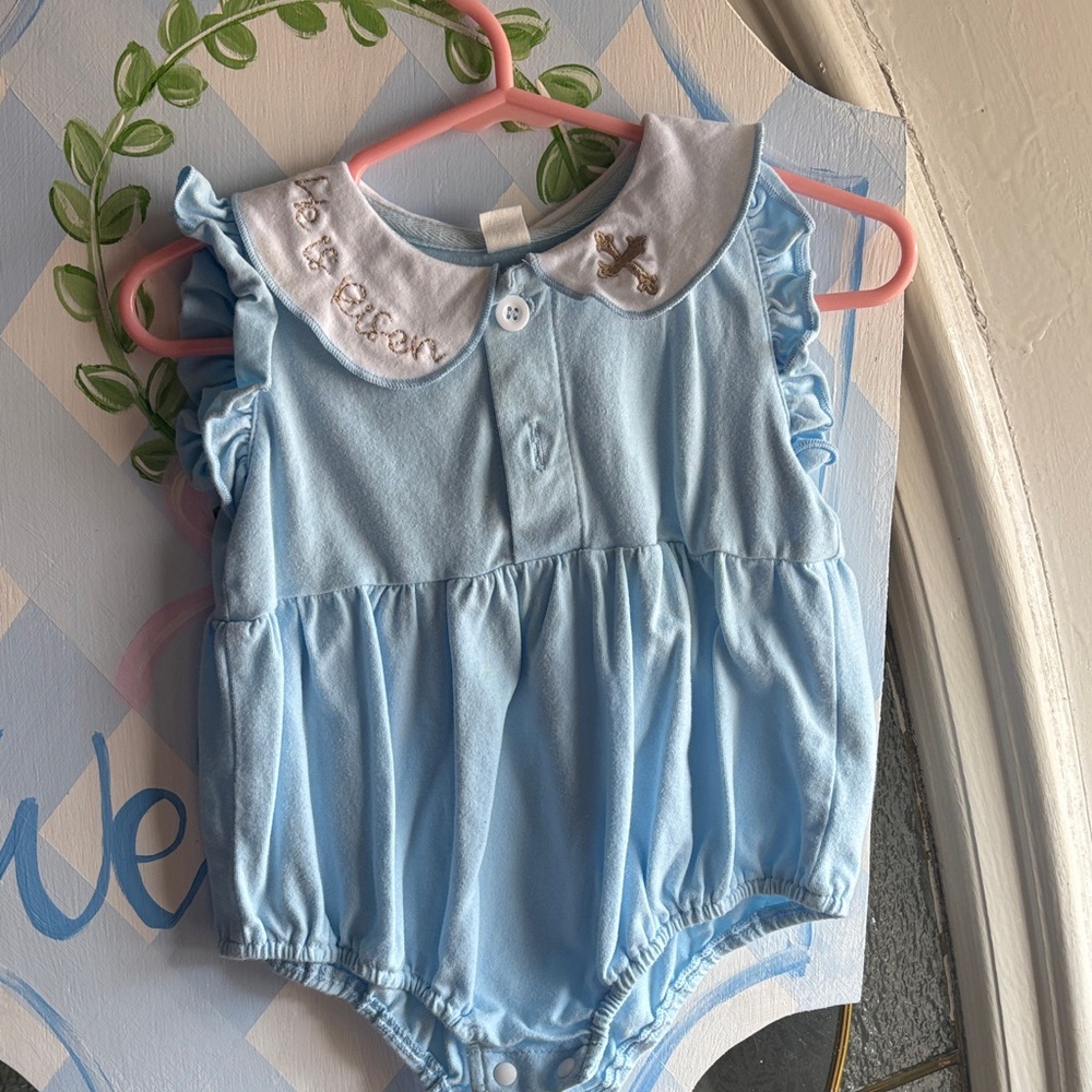 Light Blue Baby Romper with Embroidered Collar